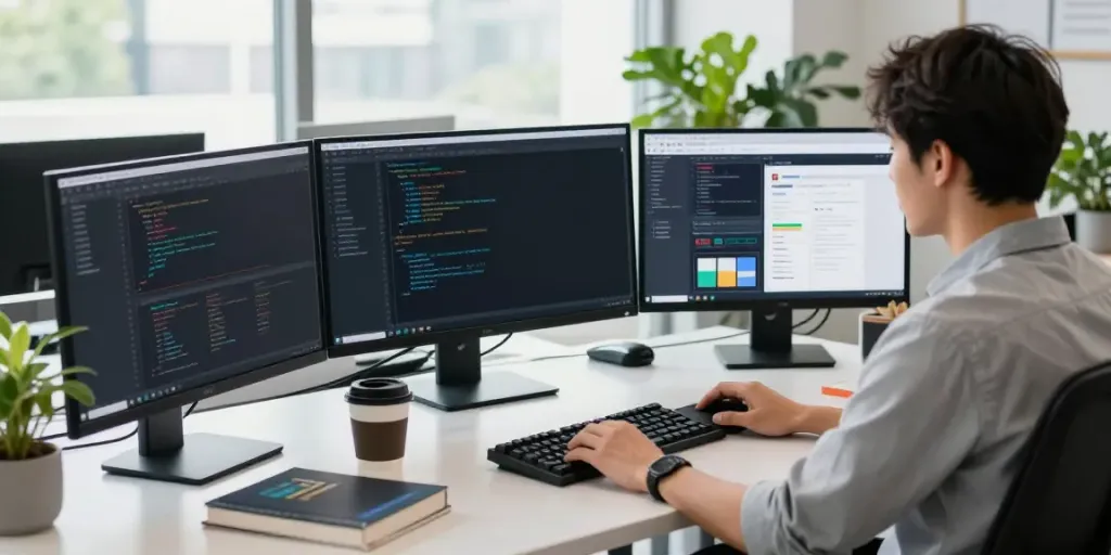 快连 technology workspace with a developer coding at multiple screens in a modern office.