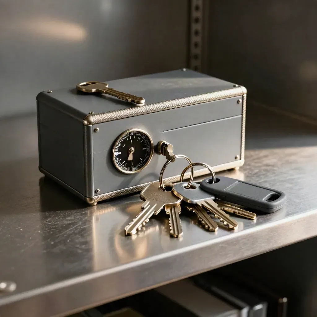 Lockbox dial, blank key fobs and key ring on brushed steel in dramatic studio light.