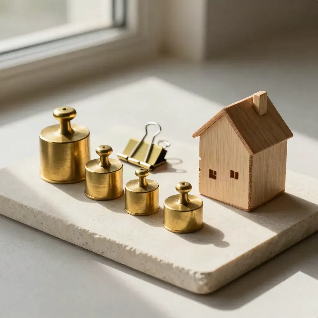 Brass balance weights, paper clamp and timber house model on pale stone in warm light.