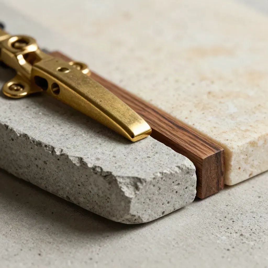 Macro still life of stone chip, brass hinge leaf, and walnut veneer on pale concrete