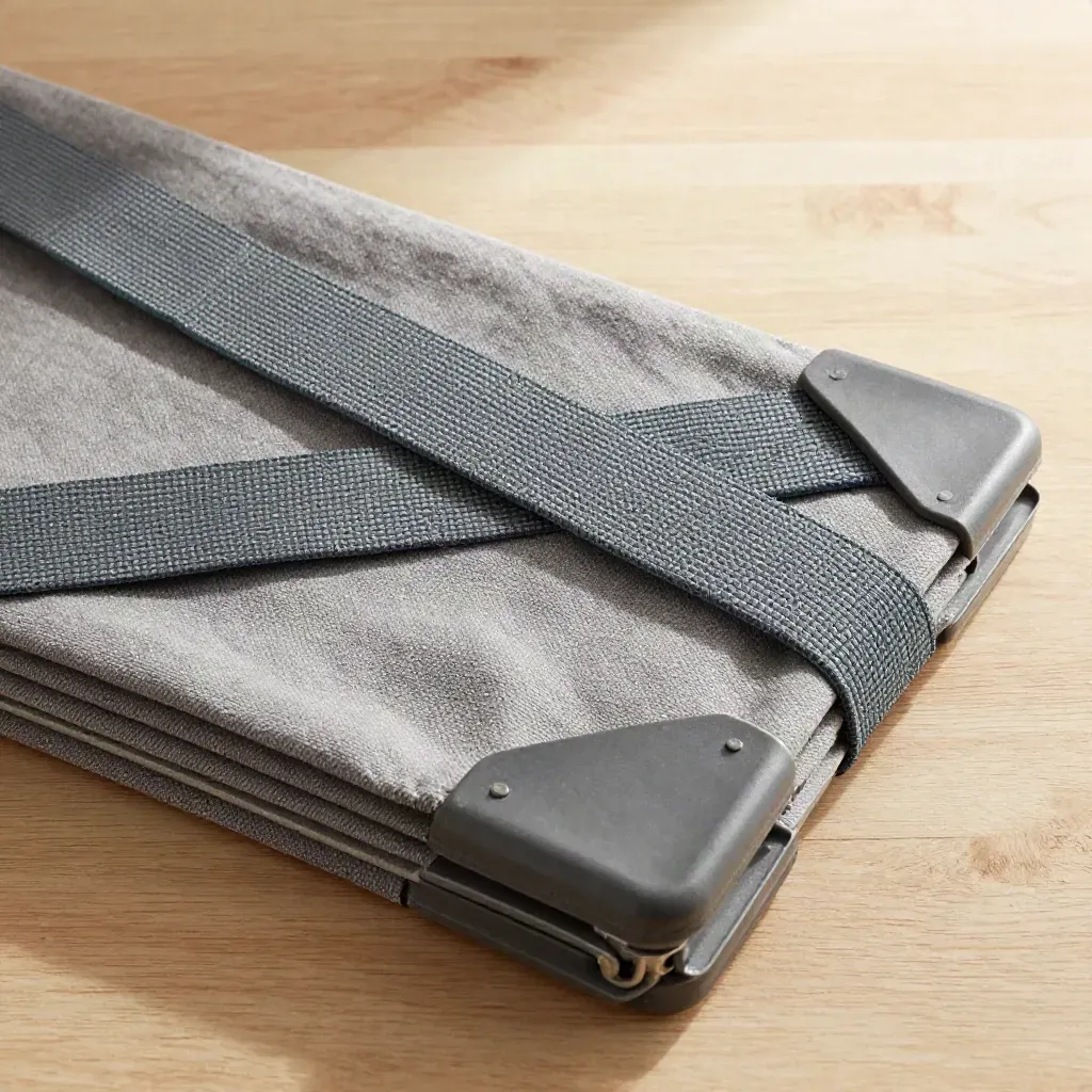 Overhead moving tools on pale wood with straps, corner protectors and folded blankets