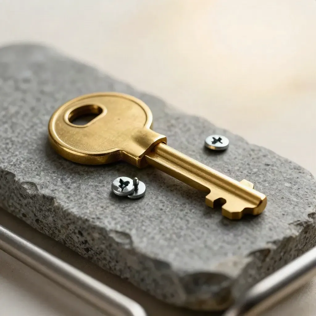 Brass house key aligned with a mortise cylinder and tiny screws on cool stone, macro close-up.