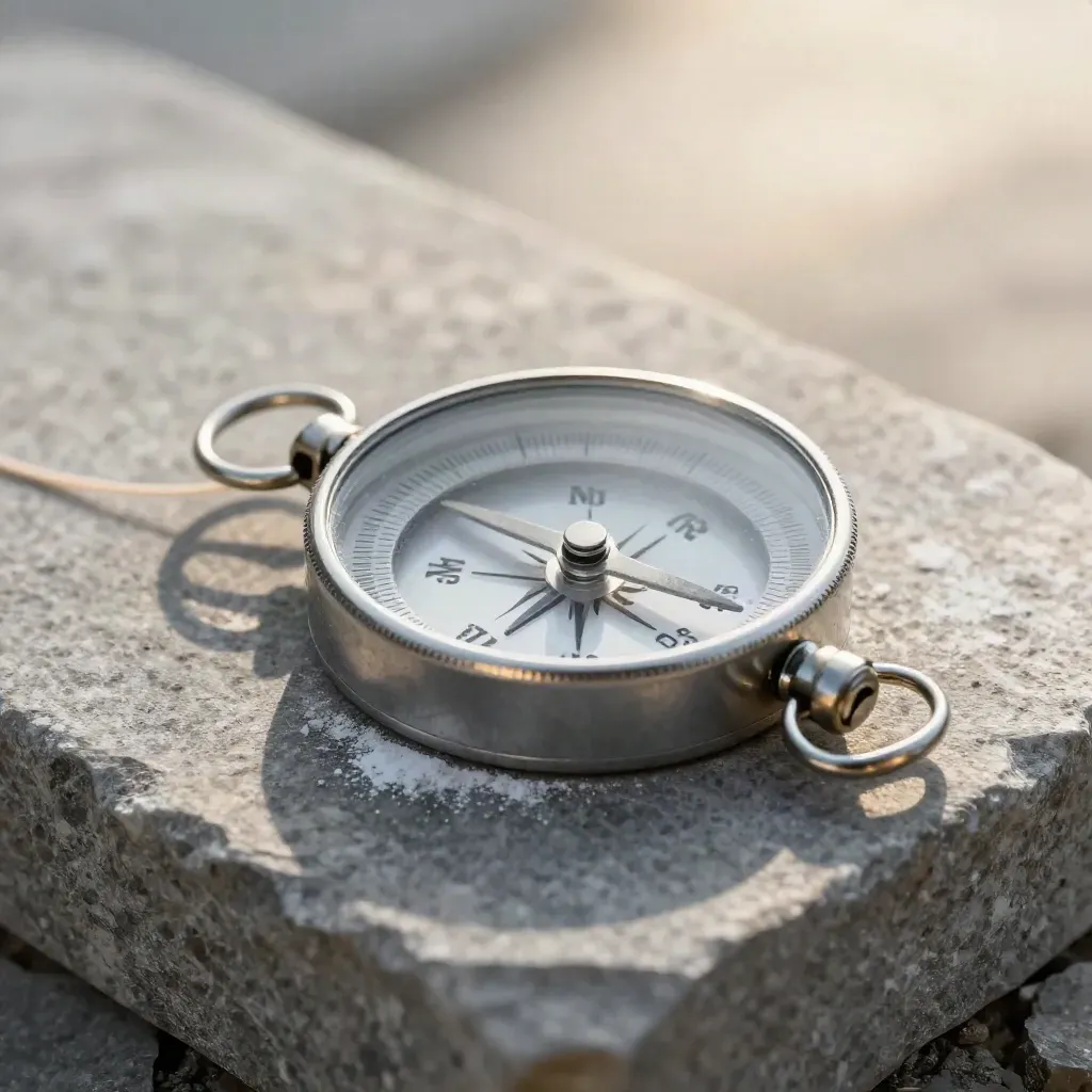 Macro still life of surveying tools on stone with chalk dust and warm white light.