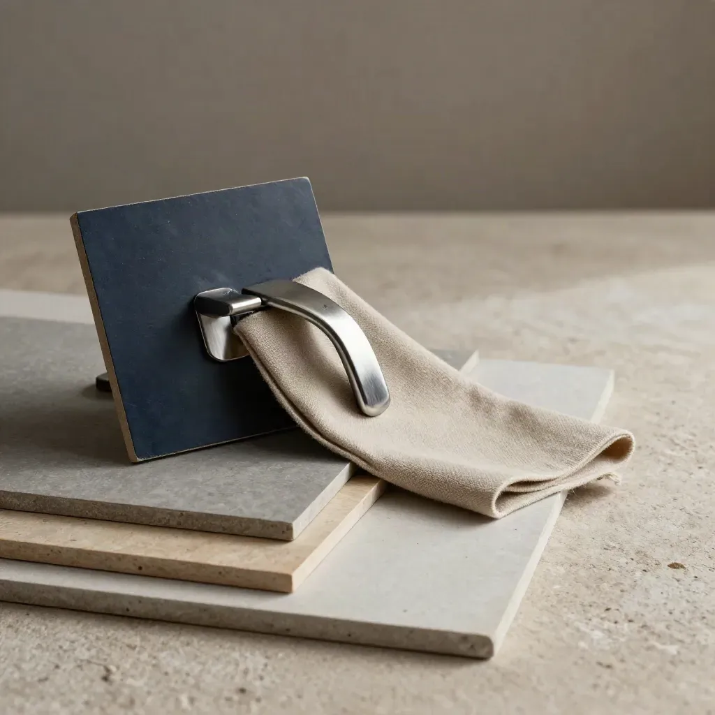 Interior sample chips, chrome handle and draped fabric on a plaster slab, lit dramatically.