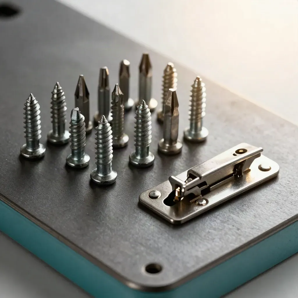 Hinge screws, screwdriver bits and a latch plate on graphite metal with teal accent.