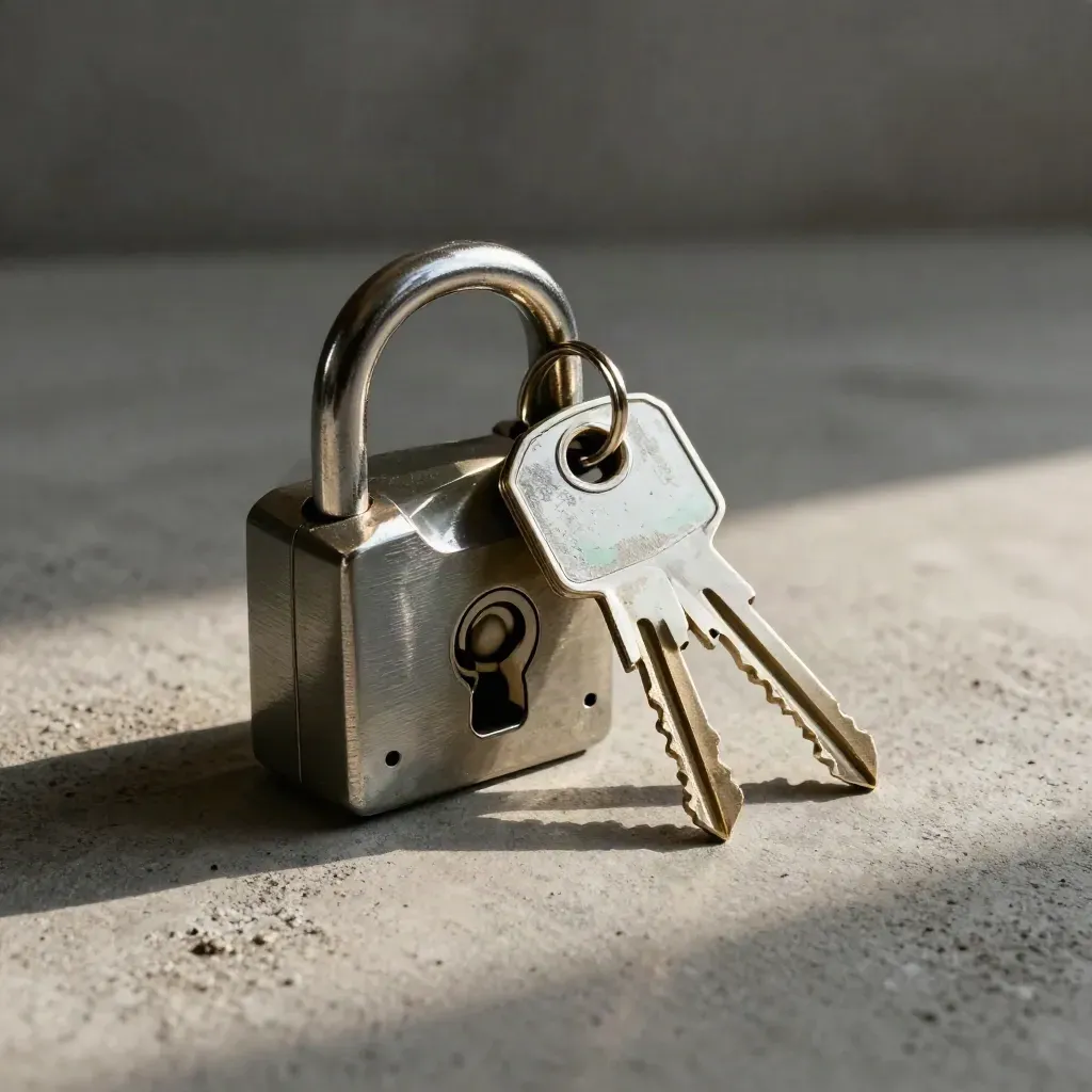 Rental lockbox wheel with two apartment keys and keeper plate on brushed concrete, dramatic studio light
