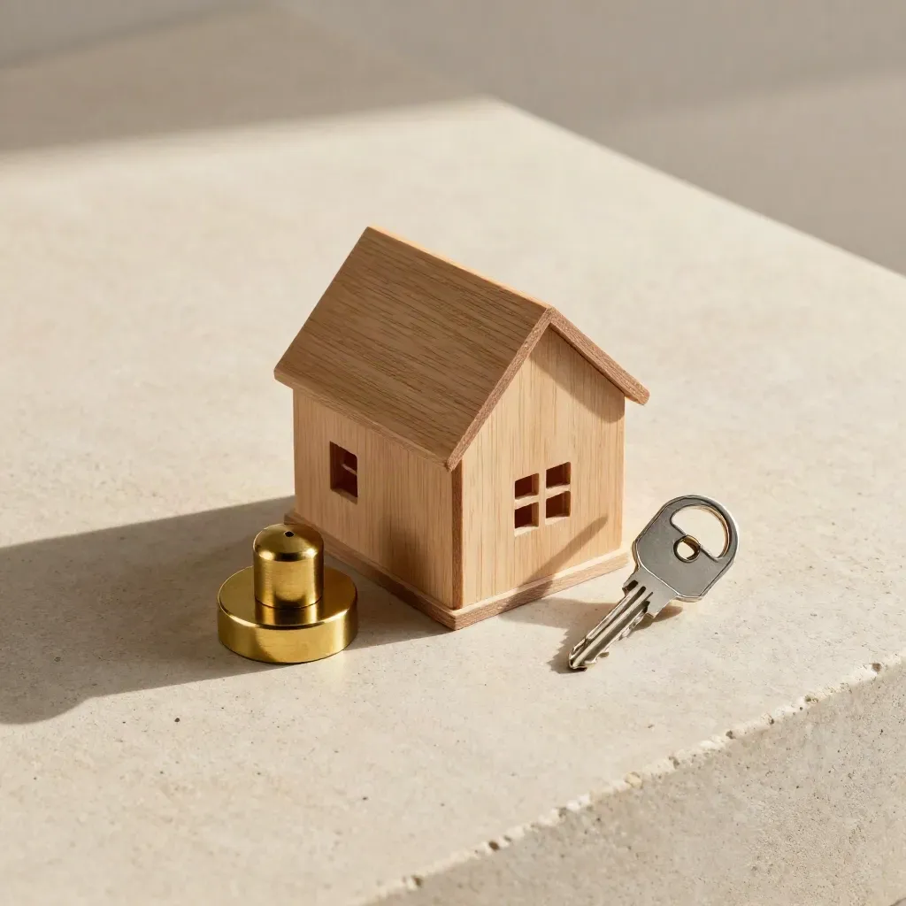 Timber house model, brass weight and key blank arranged in a premium overhead still life on pale stone.