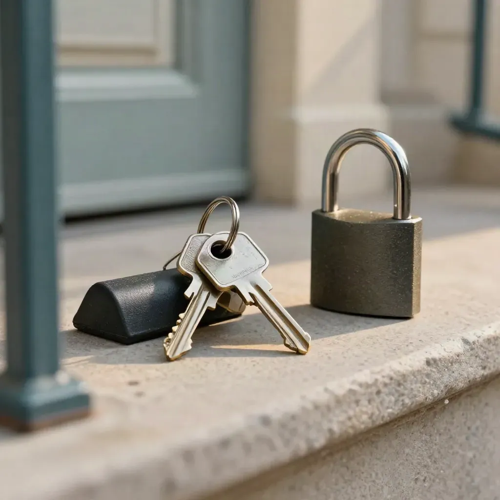 Keys crossed on a rubber wedge beside a padlock on a stone step, seen through a teal stair rail.