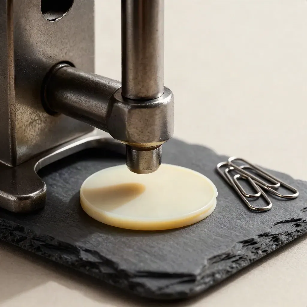 Steel seal press poised over wax disc with paper clips on slate for conveyancing handoff.