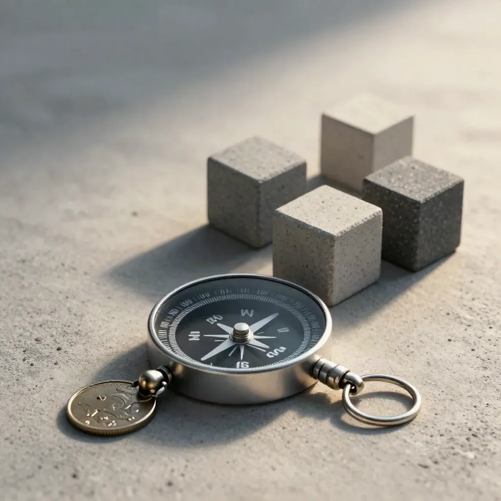 Low-angle still life of a compass, transit token coin and slate street-block cubes on pale concrete.