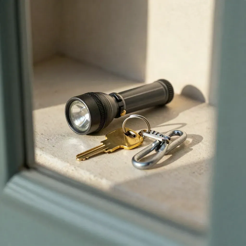 Torch, keys and door-chain link at a threshold, seen through a blurred sage doorframe.