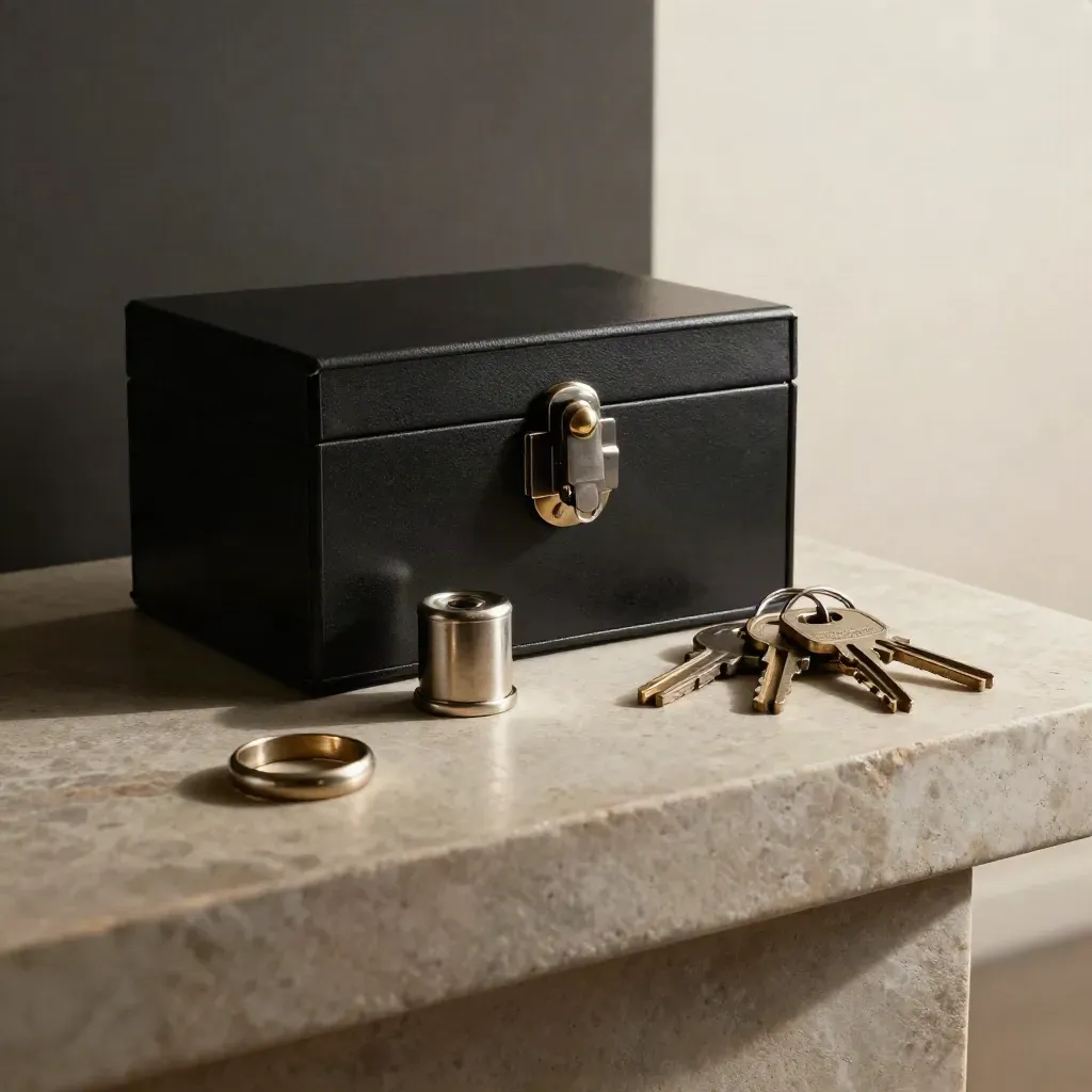 Landlord lockbox, replacement cylinder and key rings on brushed stone with dramatic side light.