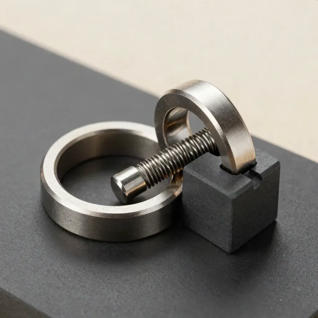 Macro of interlocking metal rings and connector pins on charcoal with slate dust sparkle.
