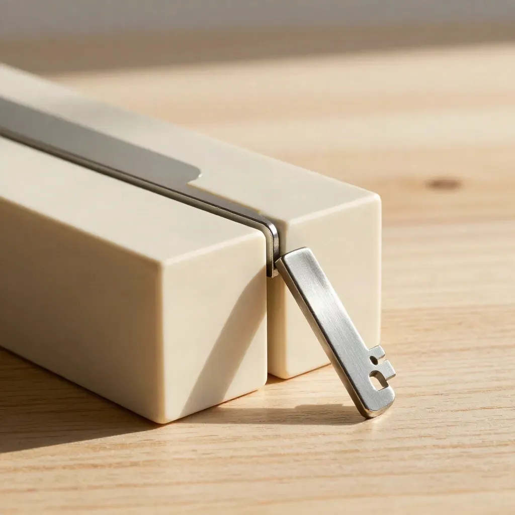 Cream modular blocks and a satin spacer on pale wood under dramatic light.