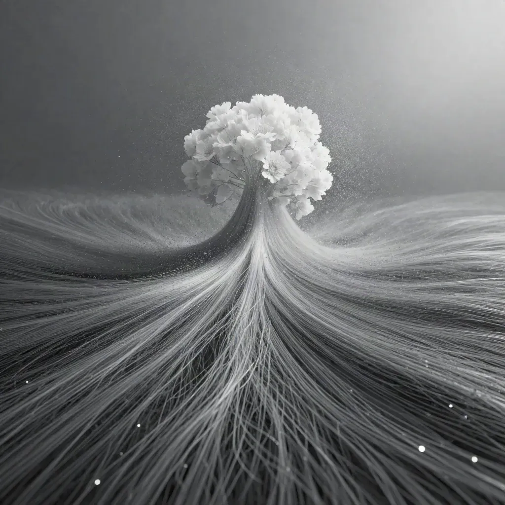 Abstract silver filaments bloom in graphite haze with calm empty lower space.