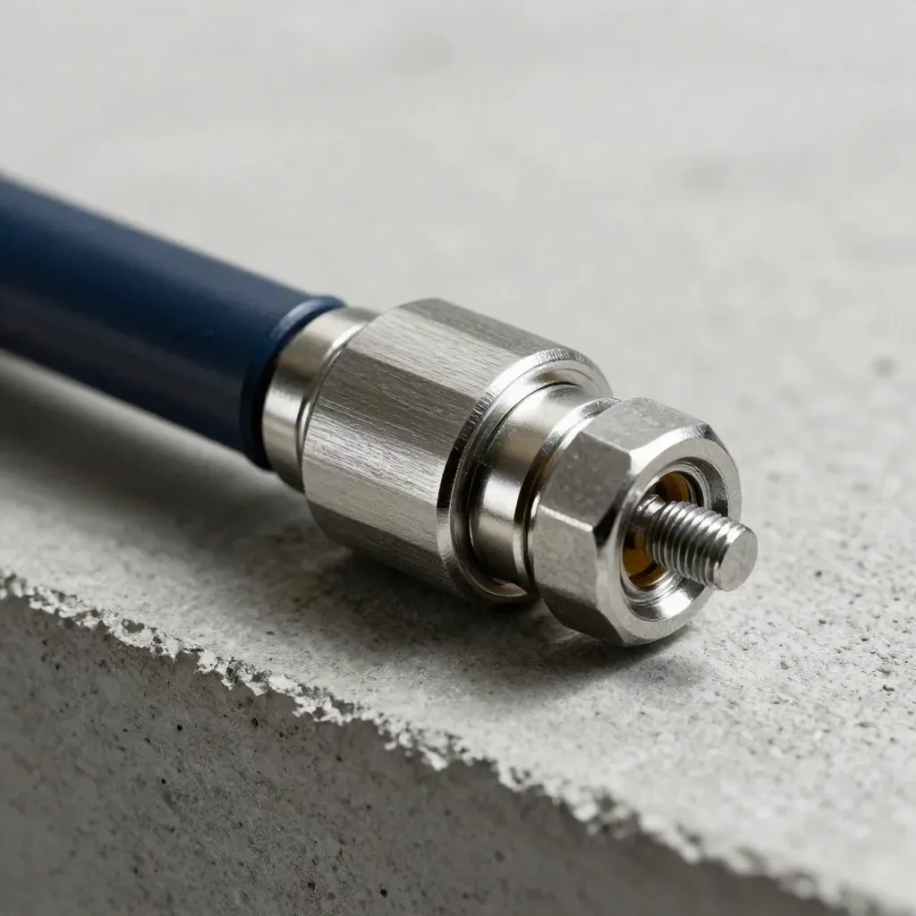 Brushed steel connector parts on cool concrete with a deep navy accent