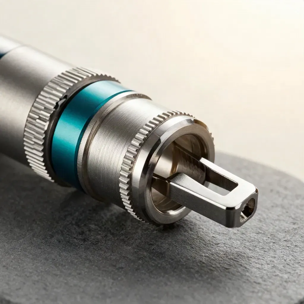 Macro metal connector locking into place on a graphite surface with a subtle teal accent.